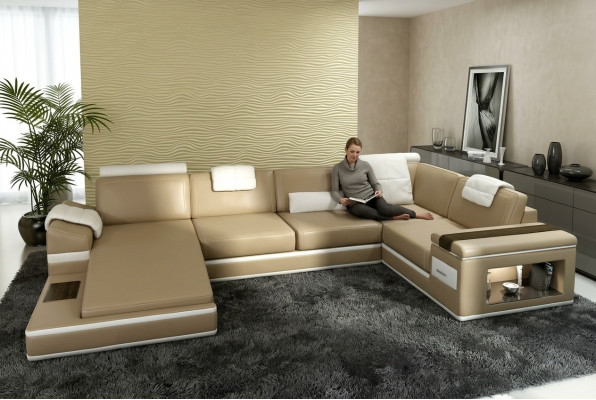 Ecksofa Canapé Couch Polster Lieder Garnitur Wohnlandschaft Eck Wohn Beige