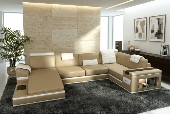 Ecksofa Canapé Couch Polster Lieder Garnitur Wohnlandschaft Eck Wohn Beige