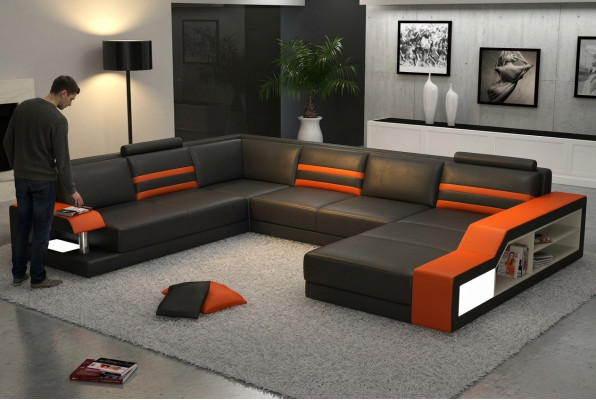 Designersofa Ecksofa Couch Ledersofa Polstersëtz Eck Garnitur mat Liicht PHX1