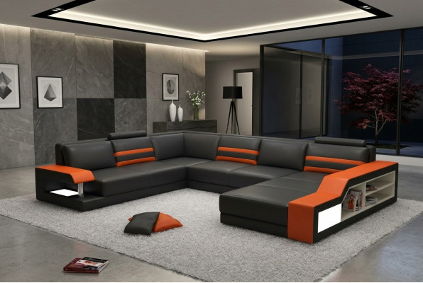 Designersofa Ecksofa Couch Ledersofa Polstersëtz Eck Garnitur mat Liicht PHX1