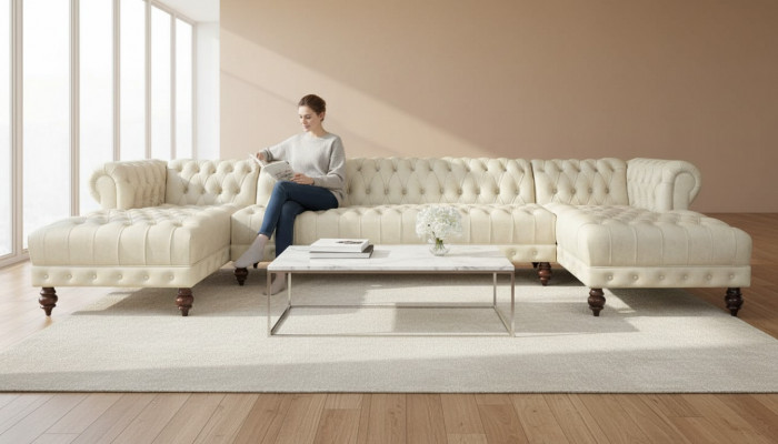 Chesterfield Canapé U-fërmeg Sofa Klassesch Lieder Wunnlandschaft Ecksofa - 366
