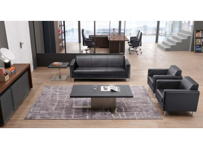 Kunstleder Sofa-Set in Schwarz mit Edelstahl-Details und modernem