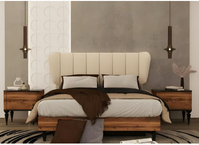 Schlafzimmermöbel Doppelbett Nachttische Stoff Holz Braun Bett 3tlg