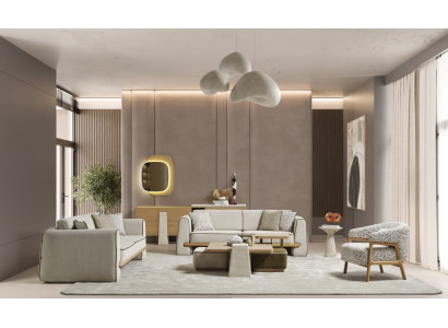 Wohnzimmer Weiß-Beige Polstergarnitur 2x Sofas Textilsessel Tische