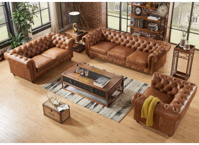 Polstergarnitur 3+2+1 Sitzer Kunstleder Braun Sofa Set Wohnzimmer 4-tlg.