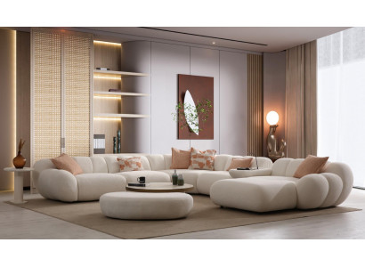 Beiges Wohnzimmer Sitzset Luxuriöses Ecksofa Hocker Beistelltisch