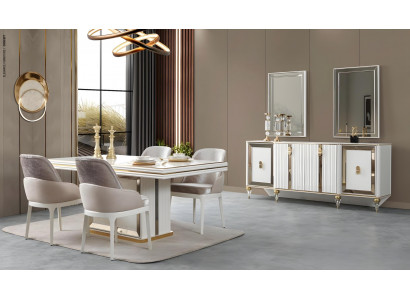 Weiße Esszimmer Garnitur Edler Esstisch Textilstühle Sideboard 8tlg