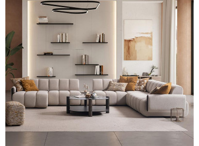 Beige Wohnzimmer Polstercouch Edle Wohnlandschaft Holz Couchtisch
