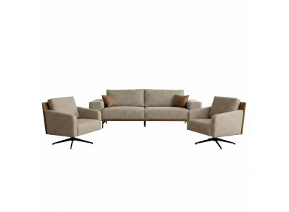 Beige Wohnzimmer Polstergarnitur Stilvoller 3-Sitzer 2x Stoffsessel