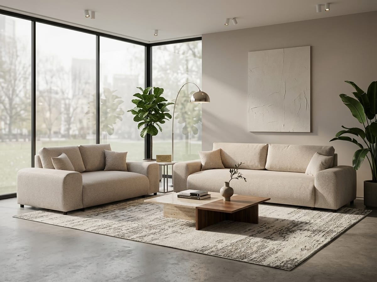 Stilvolles beige Wohnzimmer-Set 4+2-Sitzer-Sofas Stoffsofas  Wohnzimmermöbel