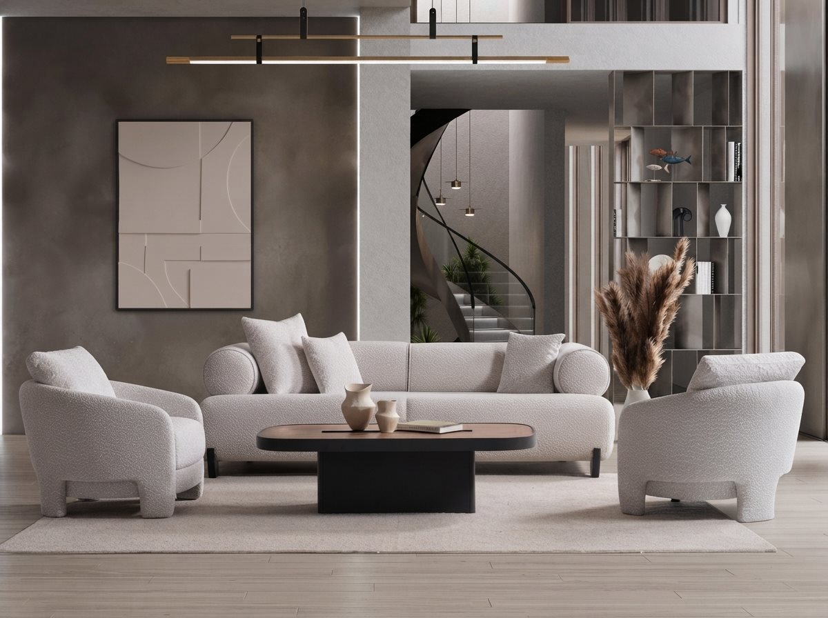 Wohnzimmer Sofa Set Weiß Stoff Holz 3-Sitzer 2x Sessel Modern Set