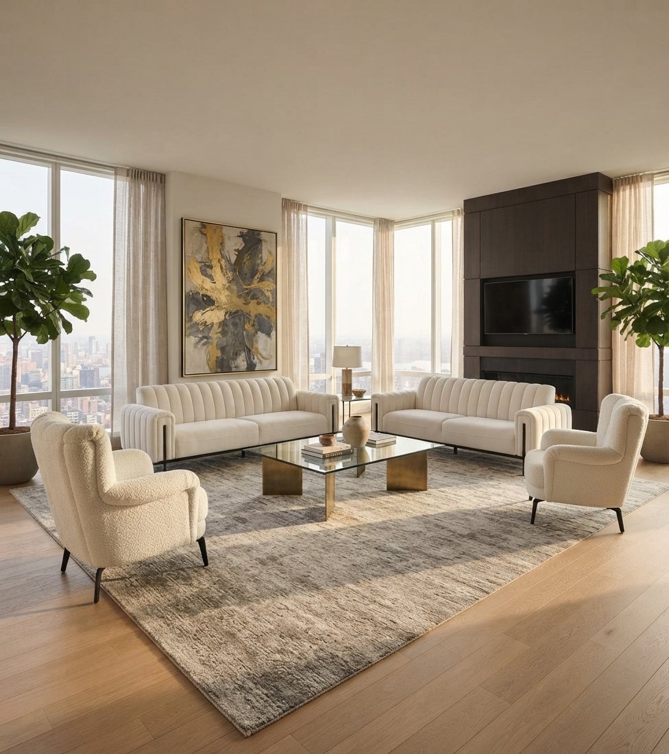 Wohnzimmer-Set 2x 3 Sitzer Sofa 2x Sessel Hoher Rückenlehne Weiß