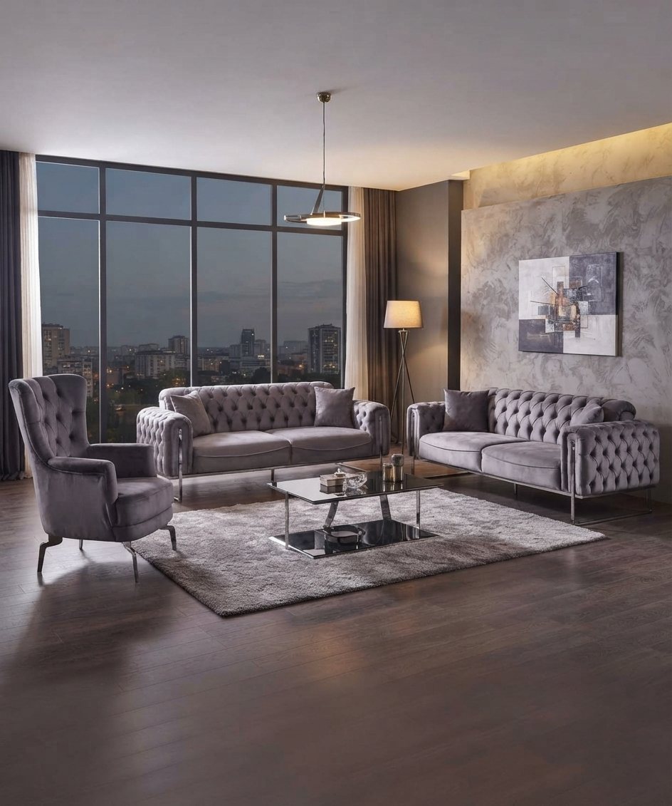 Wohnzimmer-Set 2x 3-Sitzer-Sofa Sessel Hoher Rückenlehne Metallbeinen