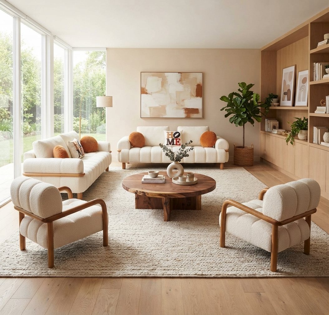 Wohnzimmer-Set 2x 3 Sitzer Sofa 2x Sessel Zartem Weißem Bezug Holz